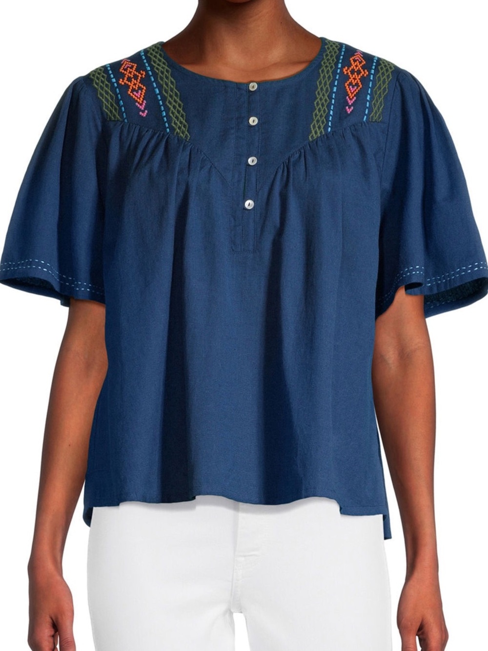 Cost Plus World Market Ira Navy Blue Geo Embroidered Blouse M NWT Linen Blend